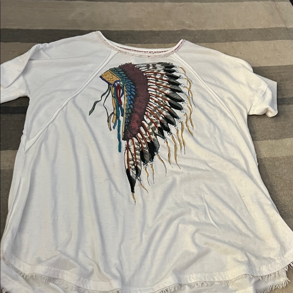 White T-Shirt with Colorful Feather Design